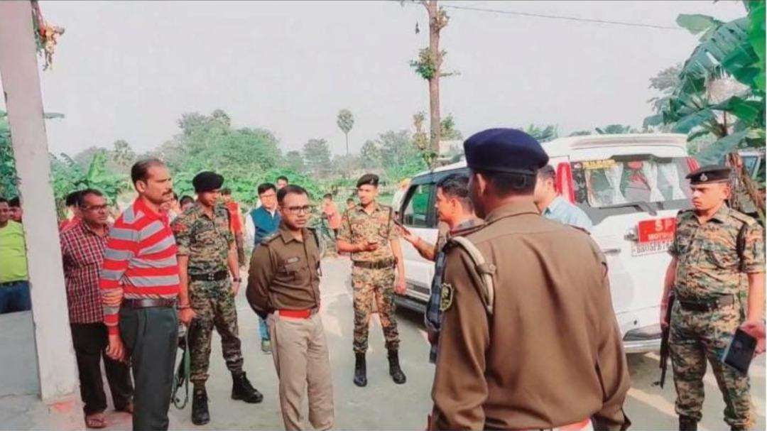 Police gather to collect information about crime incident